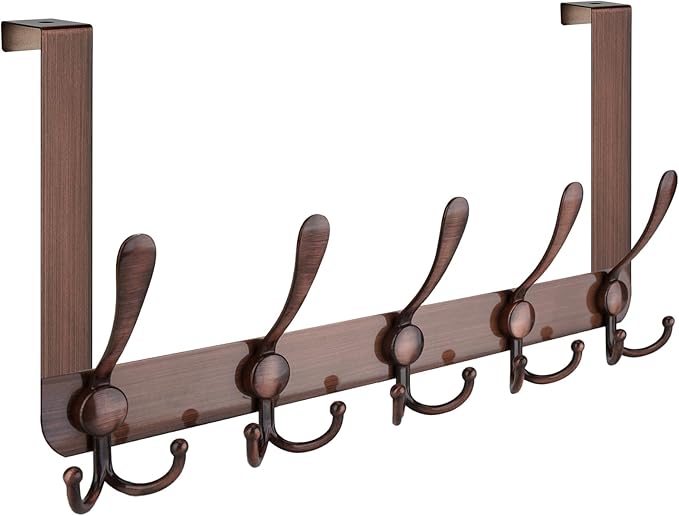 TICONN Over The Door Hooks, 5 Heavy Duty Tri Coat Rack All Metal Coat Hanger for Bathroom Bedroom Dorm (Antique Bronze, 1PK, Fit 1-3/4" Doors)