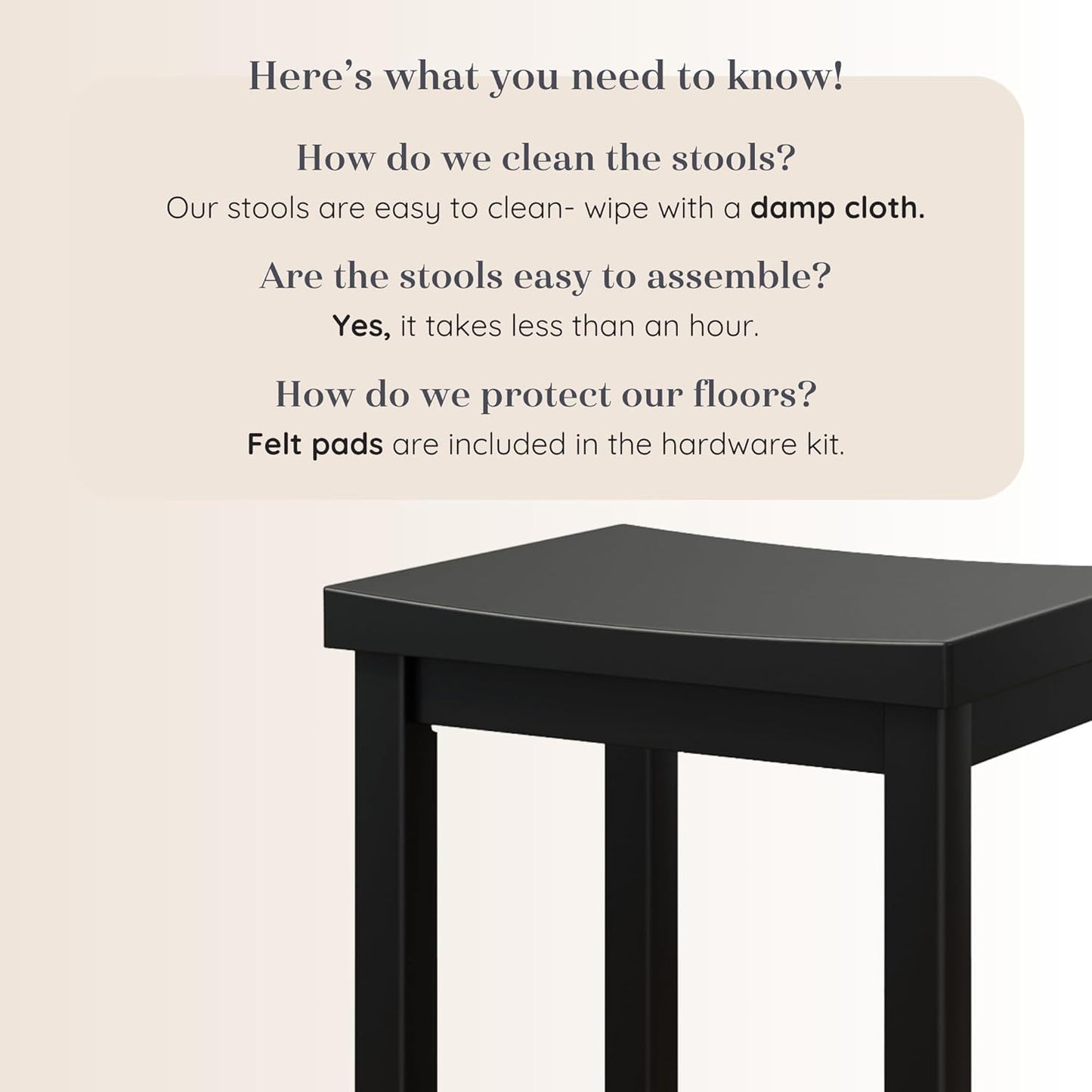Grain & Grove Smith Collection Solid Wood Counter Height Bar Stool, 24-Inch Saddle Seat Backless Stool, Ideal for Kitchen Island, Dining, or Home Bar Seating, Black