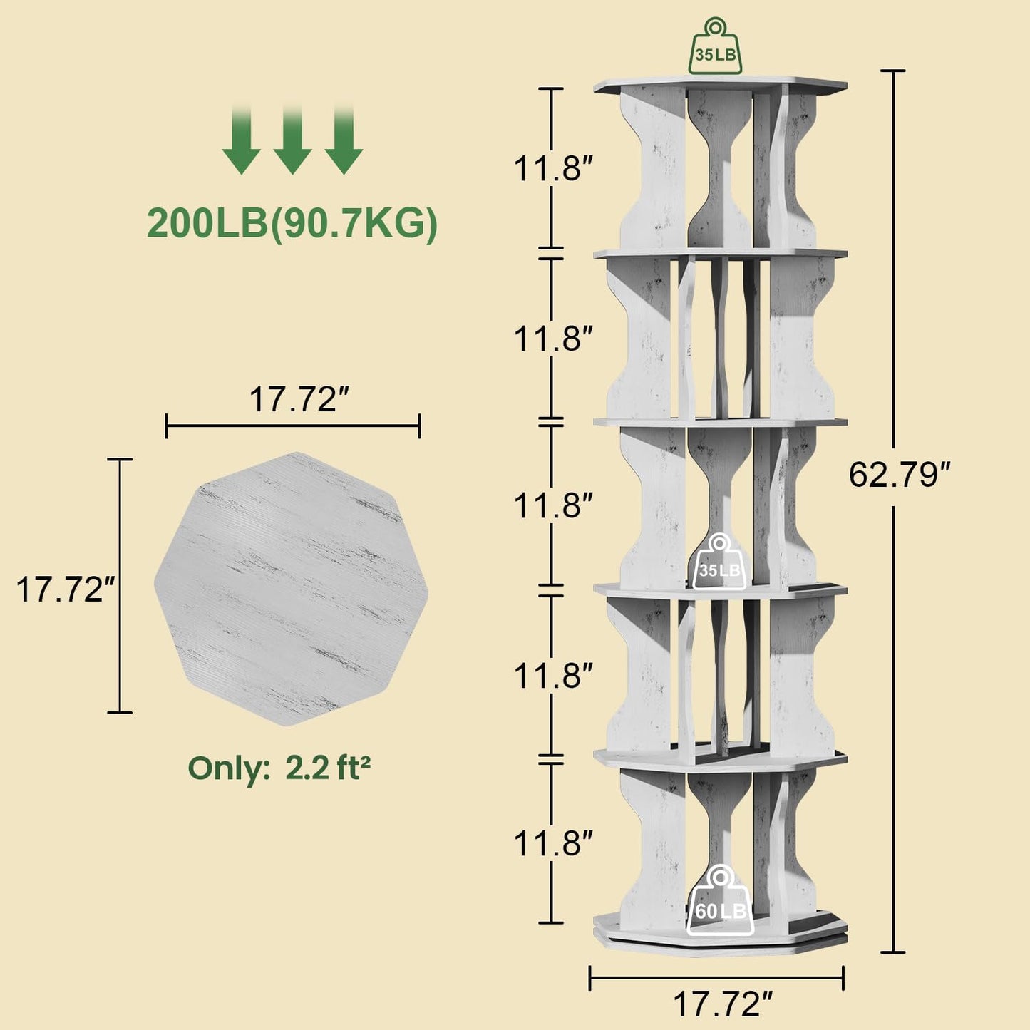 Rotating Bookshelf, 5 Tier Spinning Bookshelf Tower, Corner Revolving Storage Rack for Bedroom, Study Room, Kids Room, Living Room, Office (White, 5 Tier)