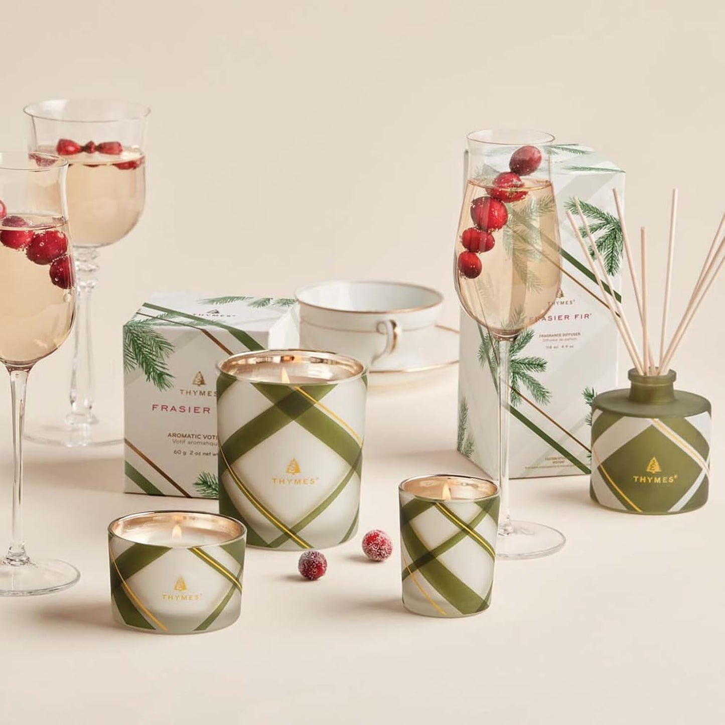 Thymes Frasier Fir Reed Diffuser Set – Includes Reeds, Fragrance Oil, and Frosted Glass Bottle – Fragrance Oil Diffuser – Room Fresheners – Luxury Home Decor – Green & White (Frosted Plaid, 4 fl oz)