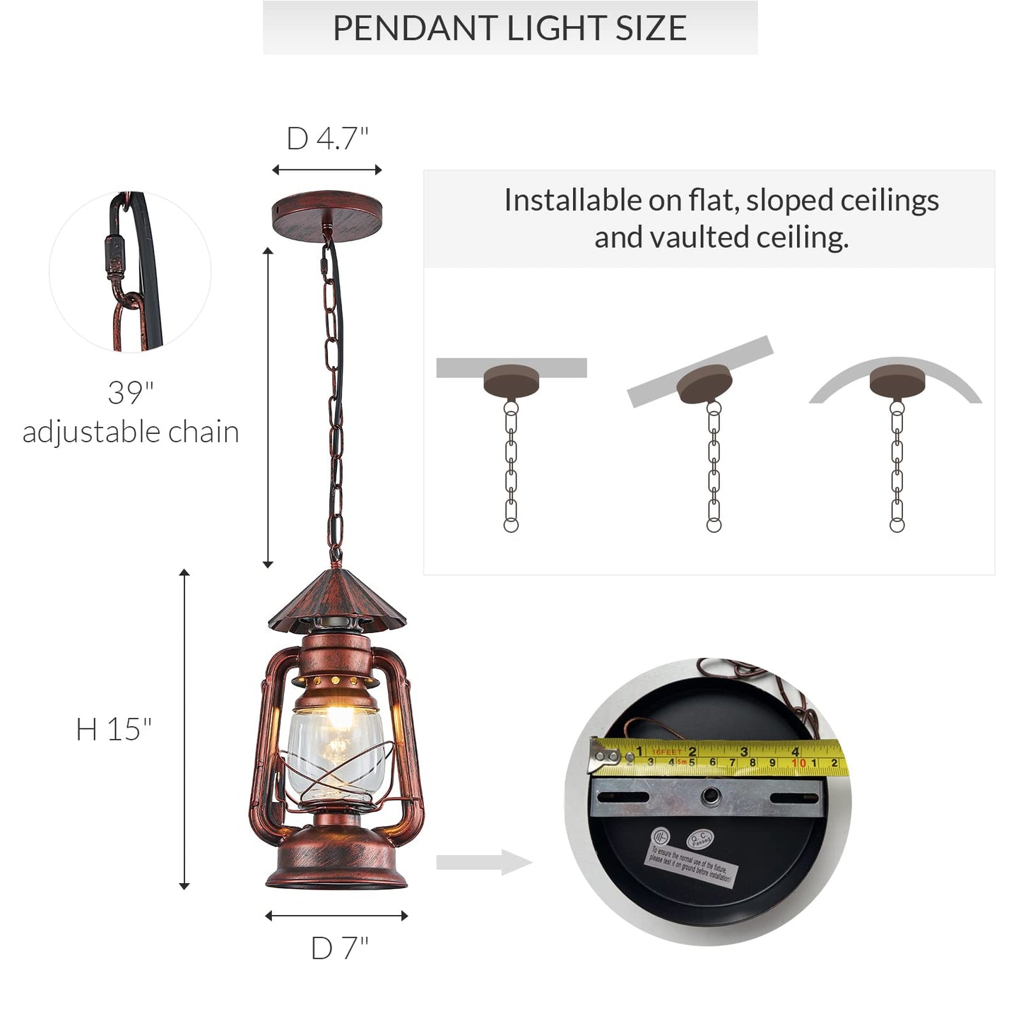 NOXARTE Vintage Pendant Light Lantern Ceiling Light Fixture with Glass Shade Adjustable Chain for Kitchen Island Farmhouse Loft Porch Width 7 Inch x Height 15 Inch