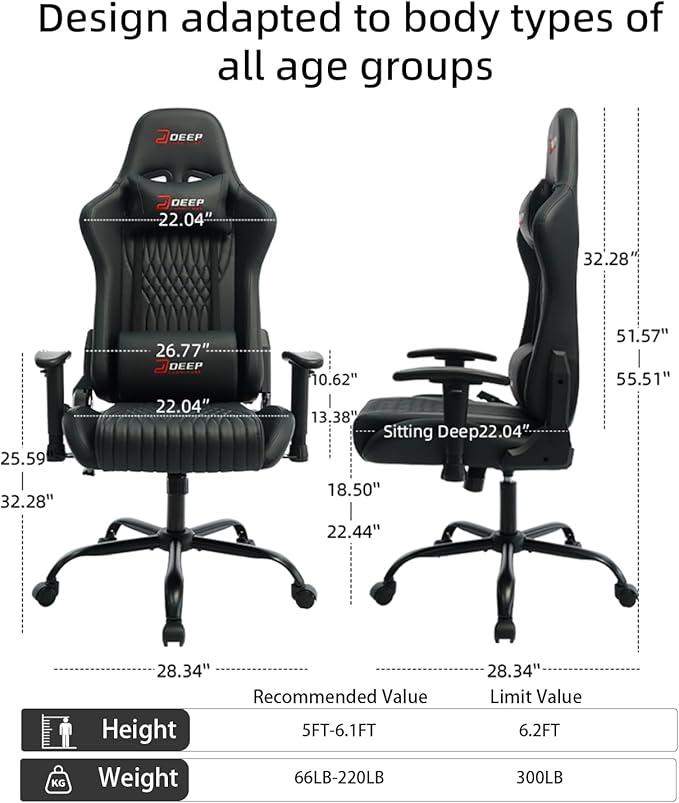 Video Game Chair Ergonomic Comfortable Gaming Office Chair Height-Adjustable with a 360° Swivel Base and Headrest(1002-Black)