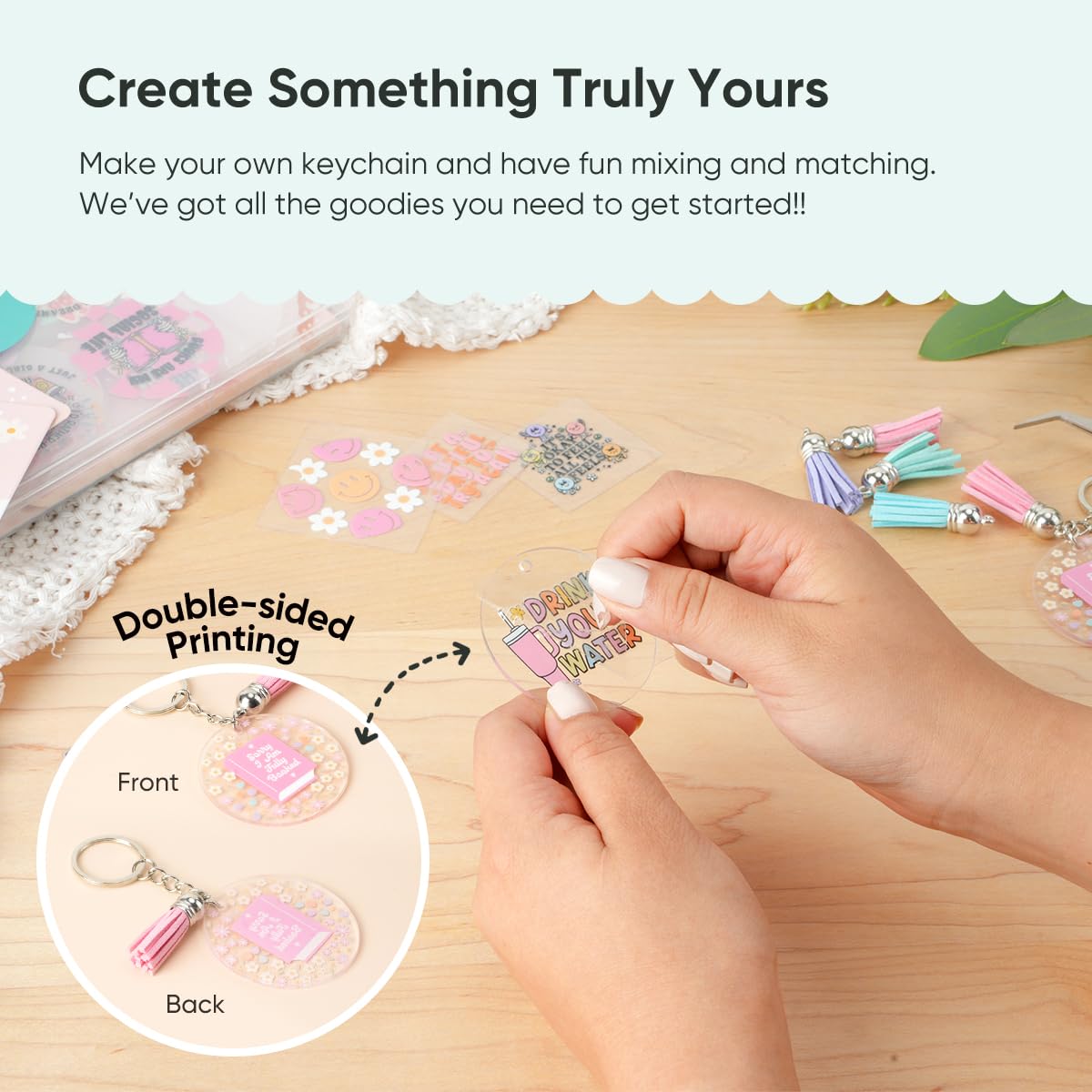 YOPPIX 140 PCS Acrylic Keychain Blank Set, Funny Double-Sided UV DTF Stickers Acrylic Keychain Making Kits for Vinyl DIY Craft Project