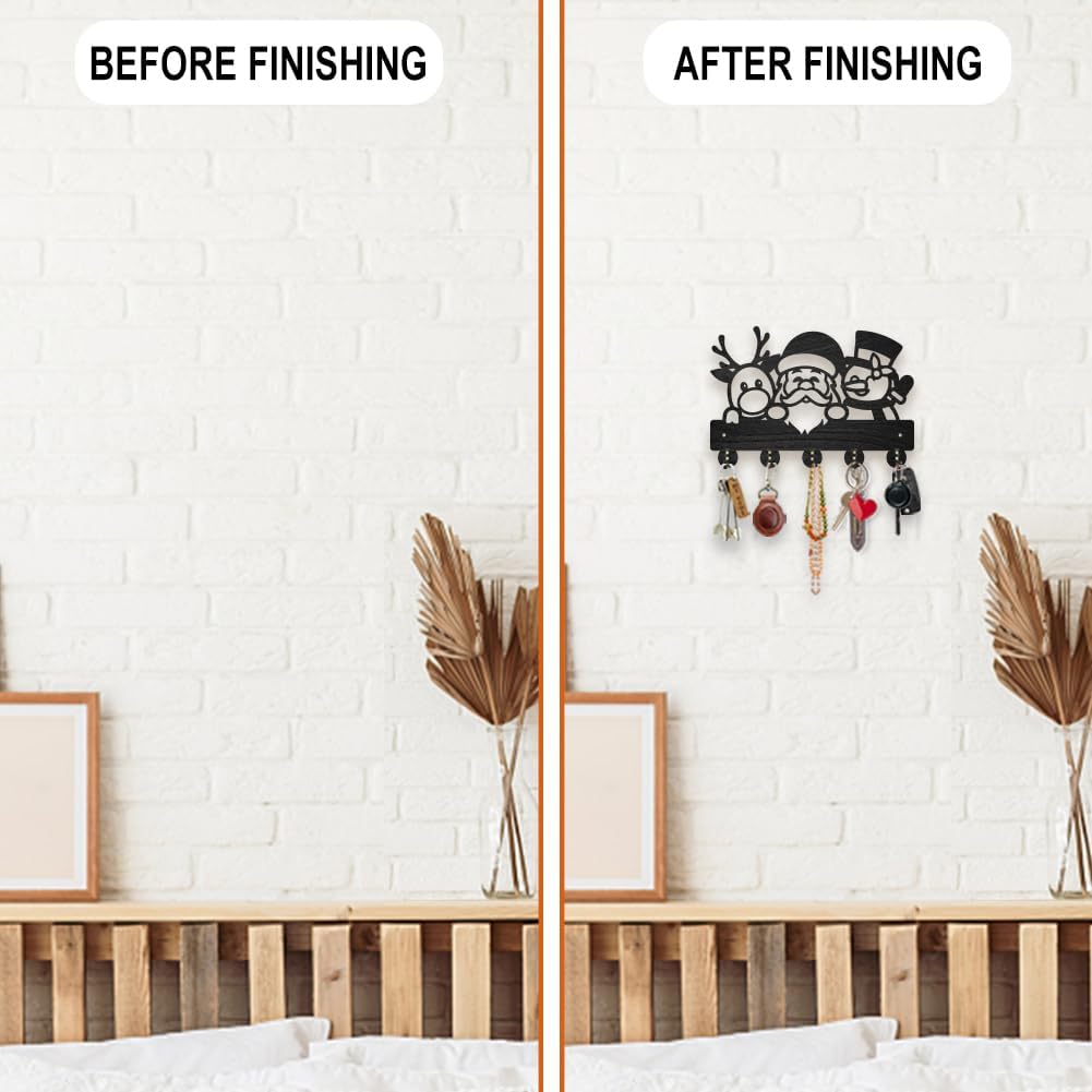 MAYJOYDIY Christmas Deer Santa Claus Snowman Coat Hooks Wood Key Holder for Wall 11.8×7.9inch Black Winter Key Hooks Rack 5 Alloy Hooks Christmas Home Decor Gifts Entryway Kitchen Bathroom Storage