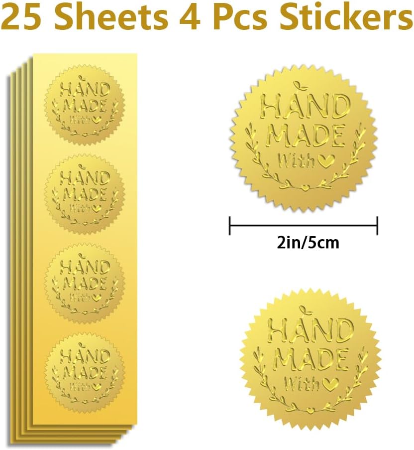 Peacoblue Gold Foil Sticker Seal Embossed 2 Inch 100Pcs Handmade with Heart, Self Adhesive Gold Around Embossing Sticker for Invitation Certificate Envelope Seal Gift Card Decoration