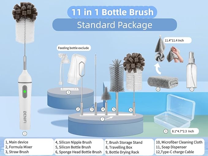 Individual Bottle Brushes Set,Sponge Bottle Brush,Narrow-Mouth Bottle Brush, Nylon Bristle Brush for Benifi Electric Bottle Cleaner Using(Brush Set, WOET)