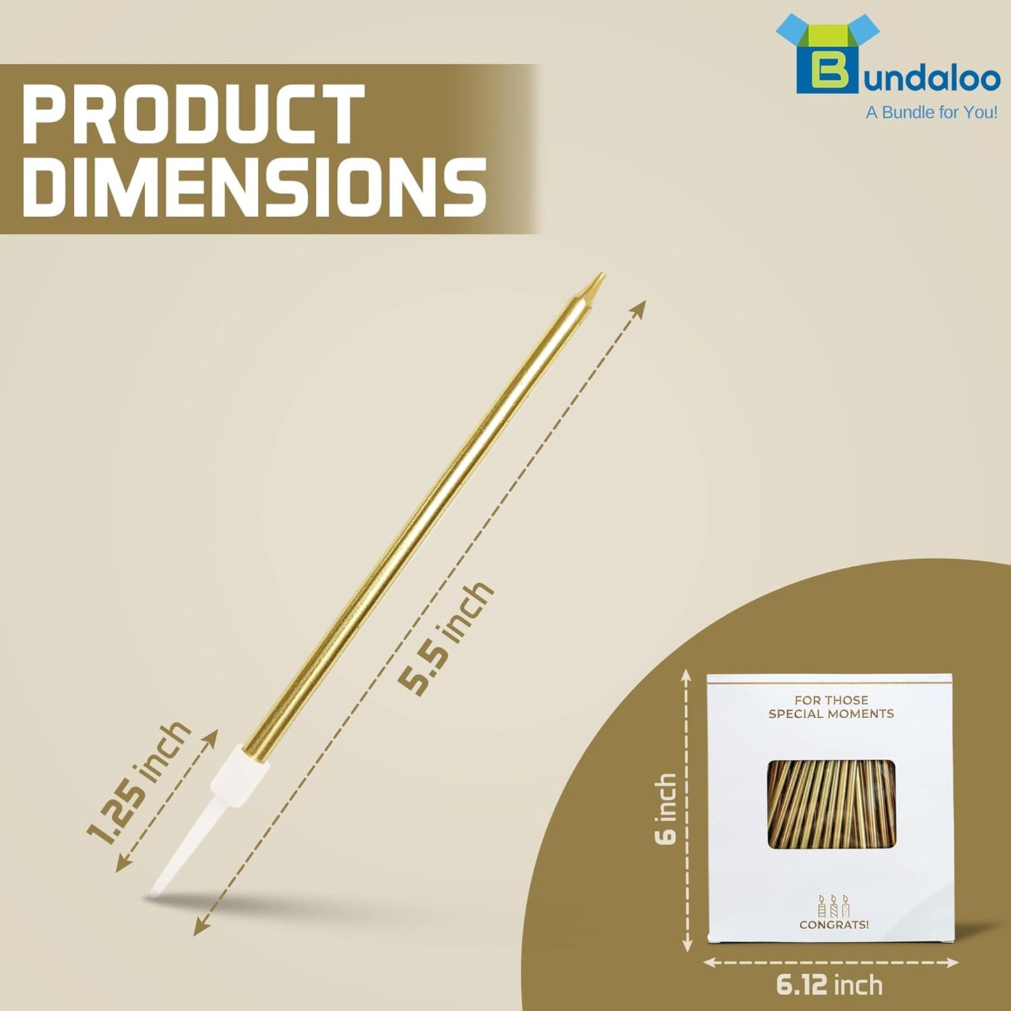 Bundaloo Gold Birthday Candles for Cake - Set of 48 Gold Candles for Birthday Cakes - with Plastic Holders, 5.5" Long, 0.20" Thickness