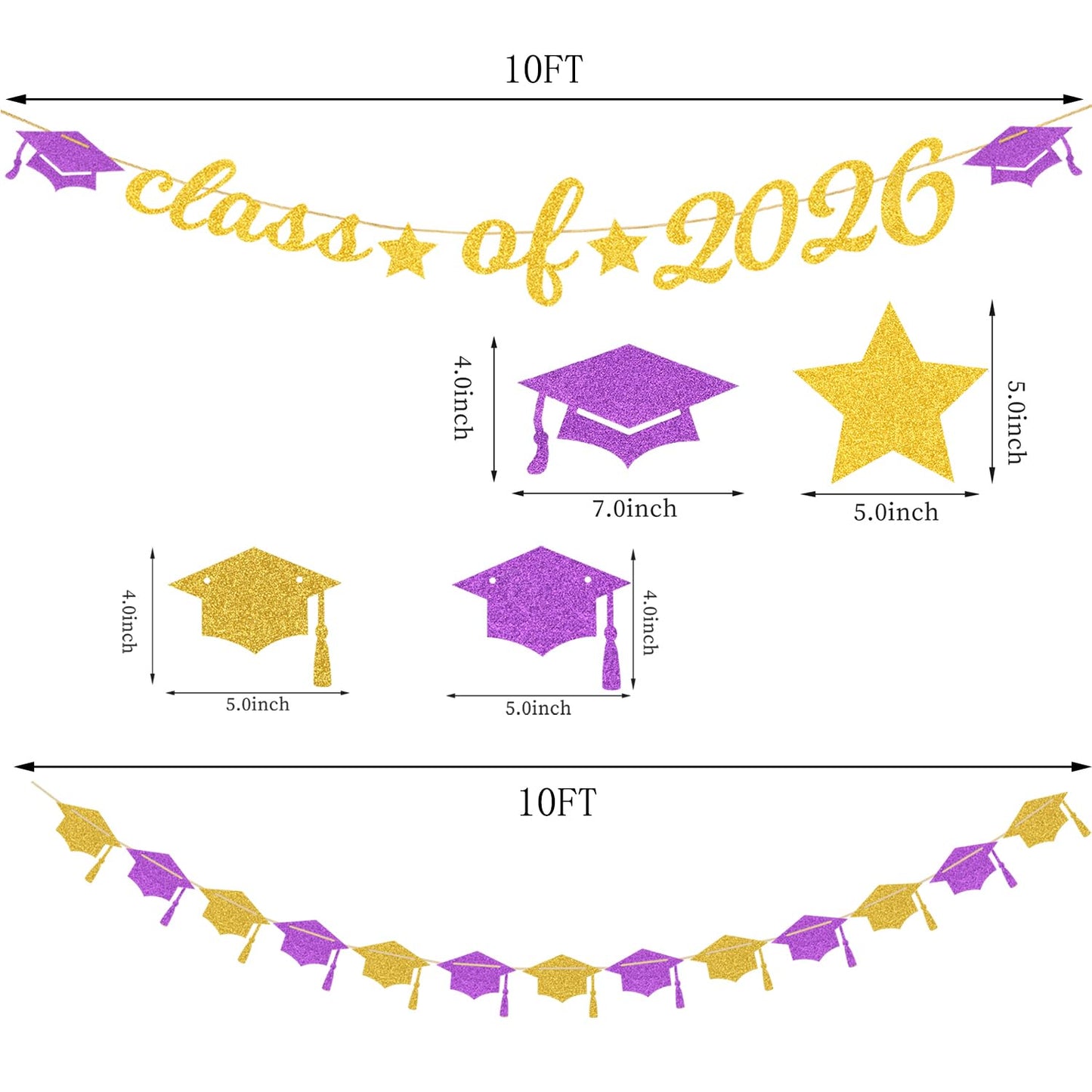 Purple White-Gold Party-Decorations Graduation Banner - 8pcs Kits Class of 2026 Cap Garland Streamers, Paper Tissue Pom Poms Flowers, Congratulations Grad Decor Lasting Surprise