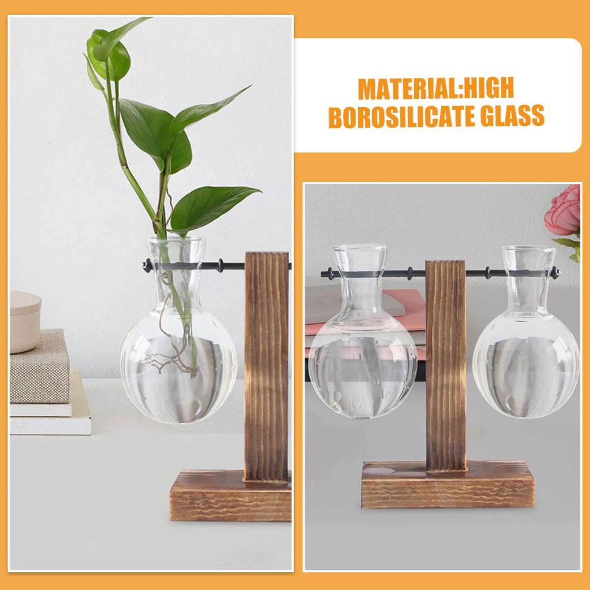Gatuida 3Pcs Glass Propagation Planter with Wooden Stand, High Borosilicate Glass Vase for Hydroponic Plants, Desktop Terrarium Flower Vase with Hole for Home Décor