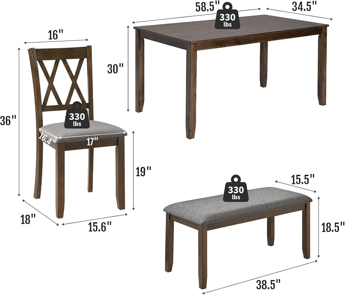 6-Piece Solid Wood Dining Table Set, Dining Table & Chair Set for 6, Including 1 Dining Table, 4 Upholstered Chairs and 1 Bench, Dining Table Set for Dining Room & Kitchen, Walnut