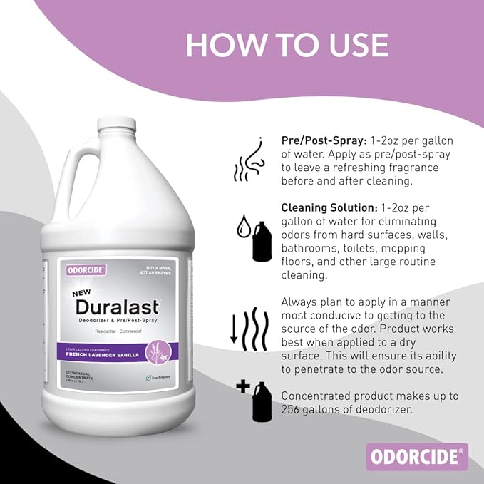 Duralast French Lavender Vanilla Odor Eliminator Concentrate – Smoke Odor Eliminator for Strong Odor on Carpet, Floors & More – Sweat & Pet Odor Eliminator for Home w/Non-Enzymatic Formula (1 Gal)