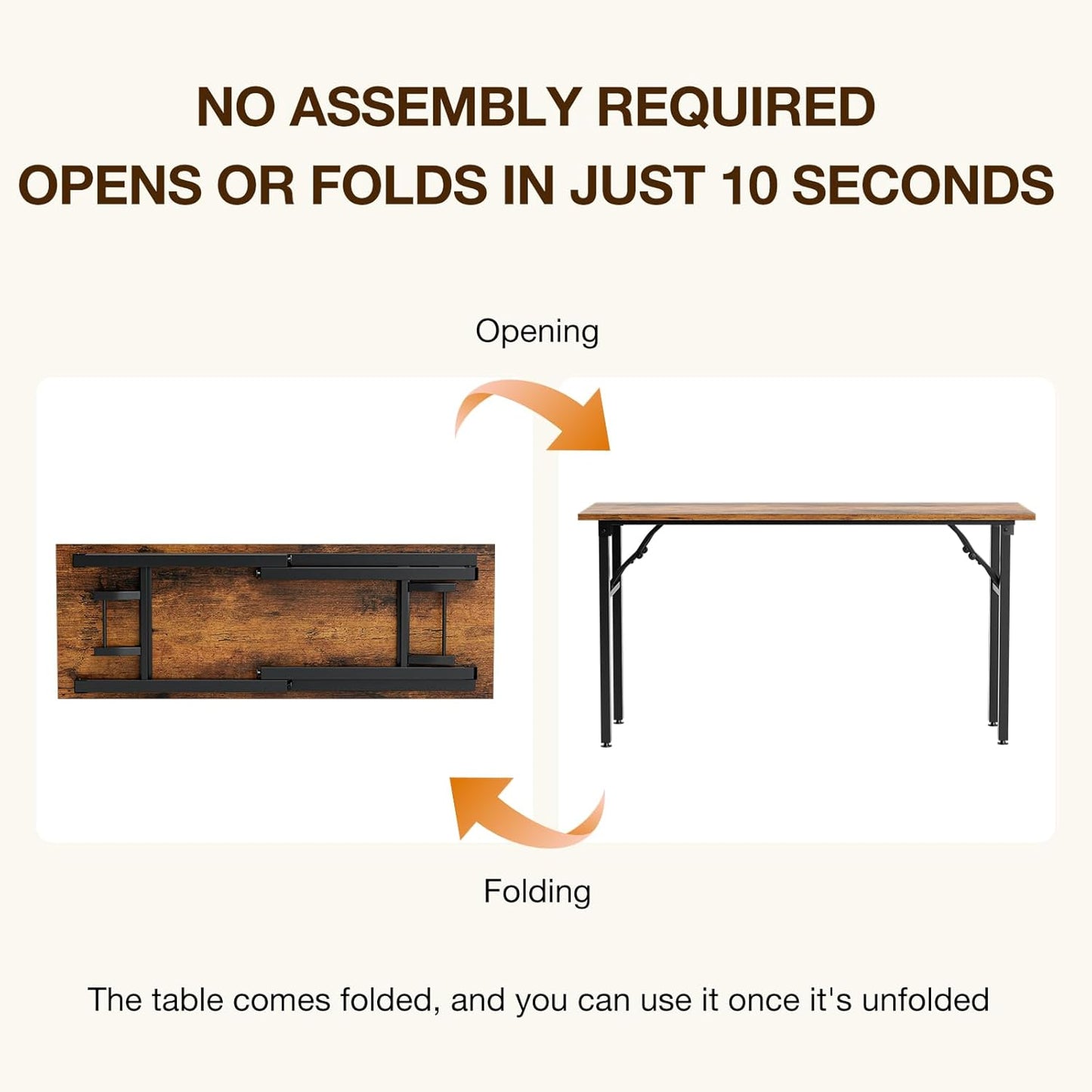 TEMI Long Computer Desk Folding Table - 55.1" Foldable Office Desk, No Assembly, Perfect Writing Table for Bedroom, Dorm, or Apartment, Portable Large Desk or Study Table with Compact Design, Brown