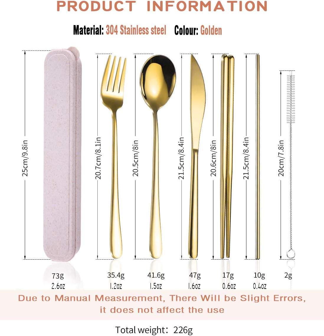 AARAINBOW 6 Pieces 18/8 Stainless Steel Flatware Set Portable Reusable Cutlery Set Travel Utensils Set Including Chopsticks Knife Fork Spoon Straws Cleaning Brush Dishwasher Safe (Golden)