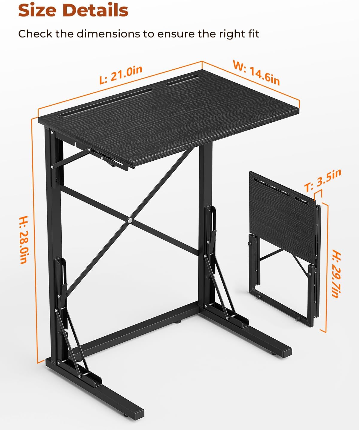 21''Wx28''H Folding TV Tray for Eating, Small Foldable C-Shaped Tray Table with Tablet and Phone Slots, Slide Under Couch Side Table for Recliner, Living Room, Bedroom, Black
