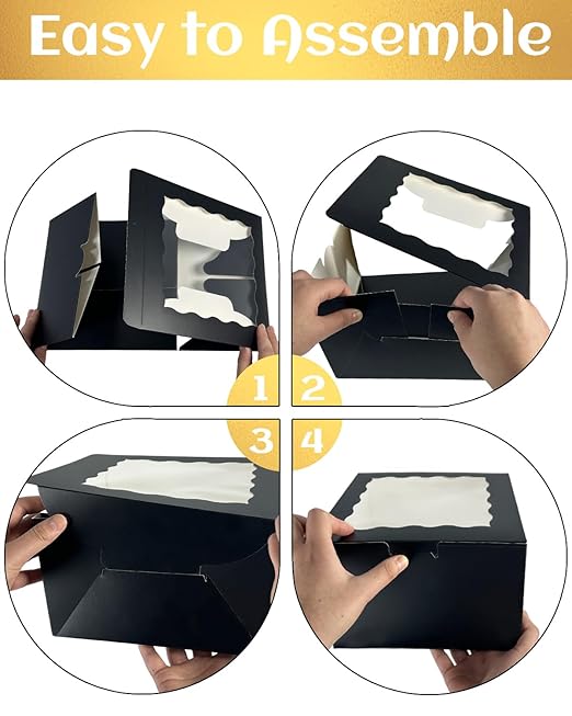 qiqee 8x8x5 Cake Box, 18 Sets Black Cake Box with Window ＆ 18 Sets 8" Black Cake Round Boards, 8inch Cake Containers