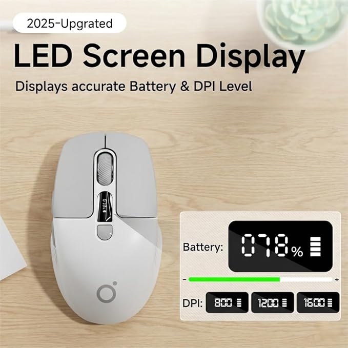 EWEADN Q1 Wireless Mouse, BT & 2.4G Silent Mouse Quiet Click with 1600 DPI Levels, Battery & DPI LED Screen Display, 6 Button Small Portable Bluetooth Mouse for Laptop/PC/Mac-Grey
