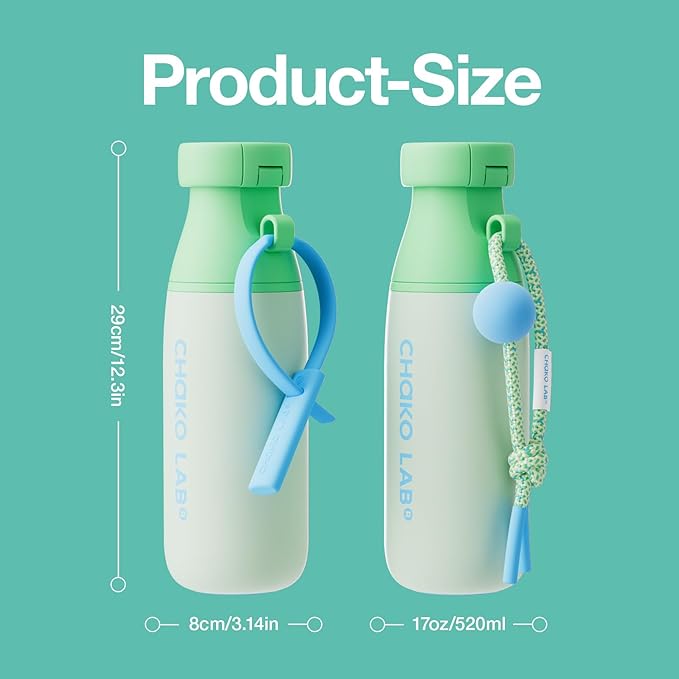 CHAKO LAB Insulated Stainless Steel Water Bottle with Two Strap | BPA-Free Leak Proof | 17oz Bottle with Spout Lid & Straw | Mint Milk