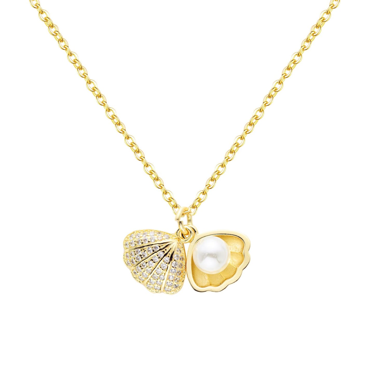 Seashell Pearl Pendant Necklace for Women Gold Silver Plated Bohemian Clamshell Scallop Sea Shell Ocean Animal Chic Rhinestone Cubic Zirconia Chain Necklace for Summer Beach Holiday Jewelry Gifts (Gold)