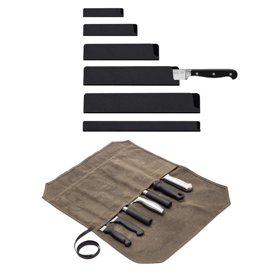 Chef Knife Roll Bag with 7 Slots Cutlery Knives Holders Protectors&6 Packs Knife Edge Guard Set Blade Covers,Knife Roll Storage Bag,Portable Travel Chef Knife Case,Kitchen Travel Cooking Tools
