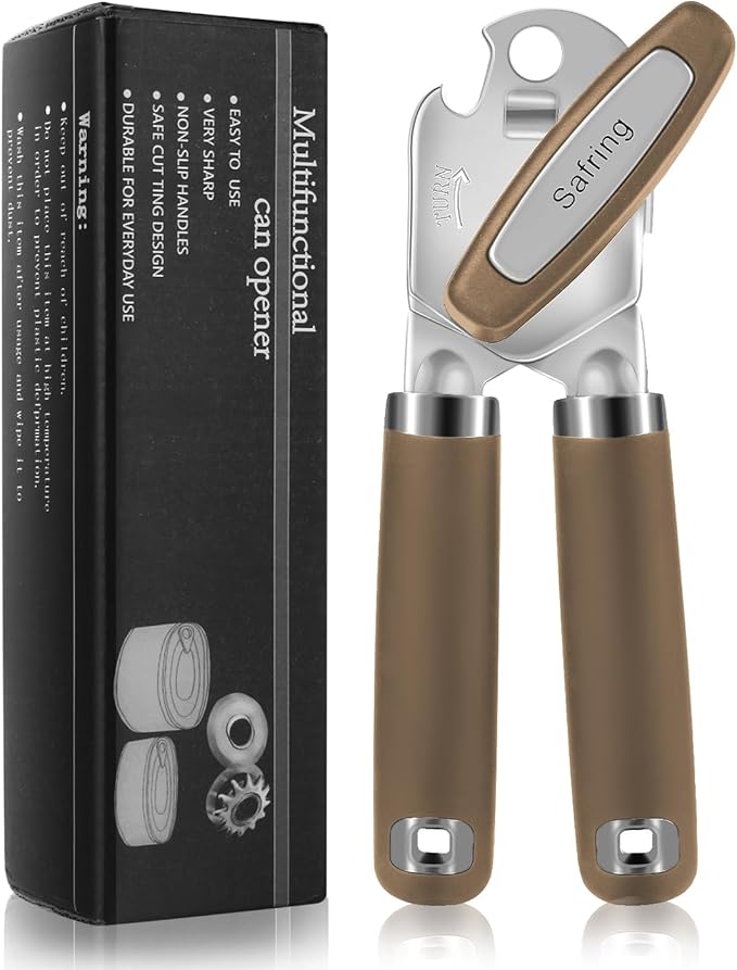 Can Opener Manual, Heavy Duty Handheld Strong Can Opener with Soft Touch Handle, Sharp Blade Smooth Edge, Can Openers with Multifunctional Bottle Opener, Coffee