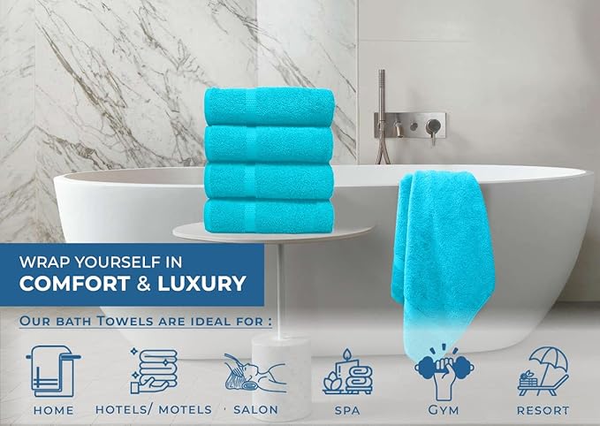 DAN RIVER Bath Towels Set of 4, 27 x 54 Inches, 100% Cotton, Larger & Lighter Weight, Quicker to Dry, Super Soft and Absorbent, Ideal Aqua Bath Towels for Daily Use
