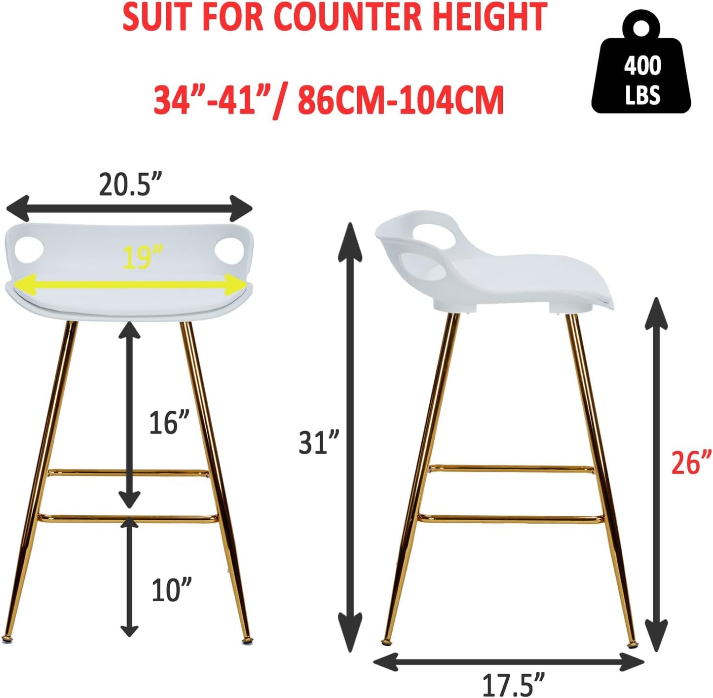 Sidanli Bar Stools Set of 2, Gold Bar Stools, Counter Height Stools with Leather Padded Seats and Footrests, 26 Inch White Barstools for Kitchen Island, Farmhouse or Home Bar