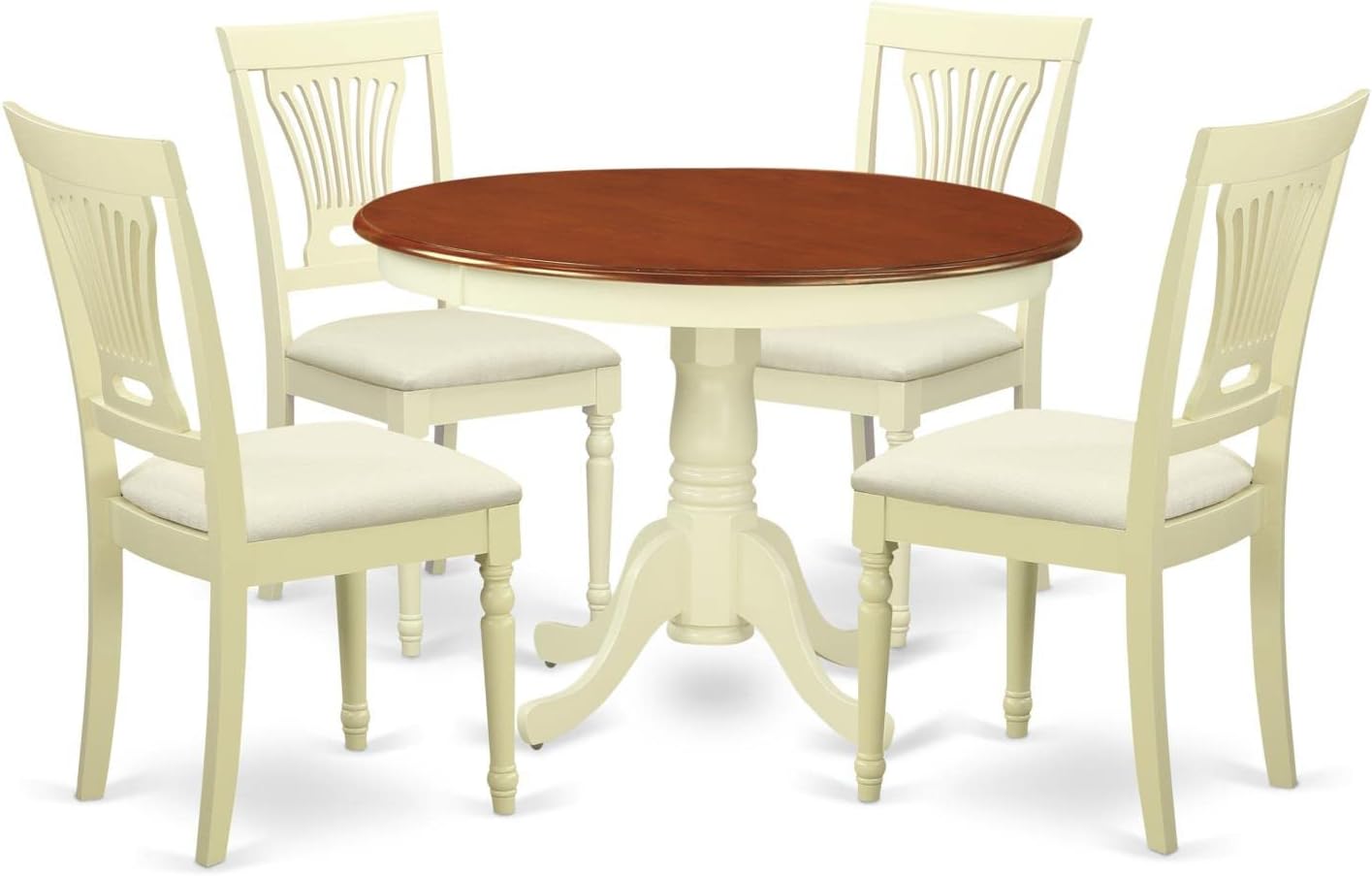 East West Furniture HLPL5-BMK-C 5 Piece Modern Dining Table Set Includes a Round Wooden Table with Pedestal and 4 Linen Fabric Kitchen Dining Chairs, 42x42 Inch, Buttermilk & Cherry
