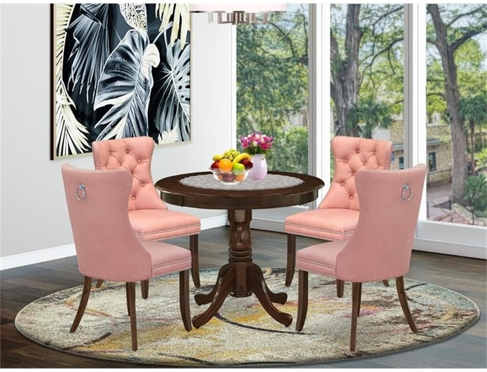 East West Furniture ANDA5-AWA-23 5 Piece Dinette Set Consists of a Round Dining Table with Pedestal and 4 Polyester Fabric Parson Kitchen Chairs, 36x36 Inch, Antique Walnut