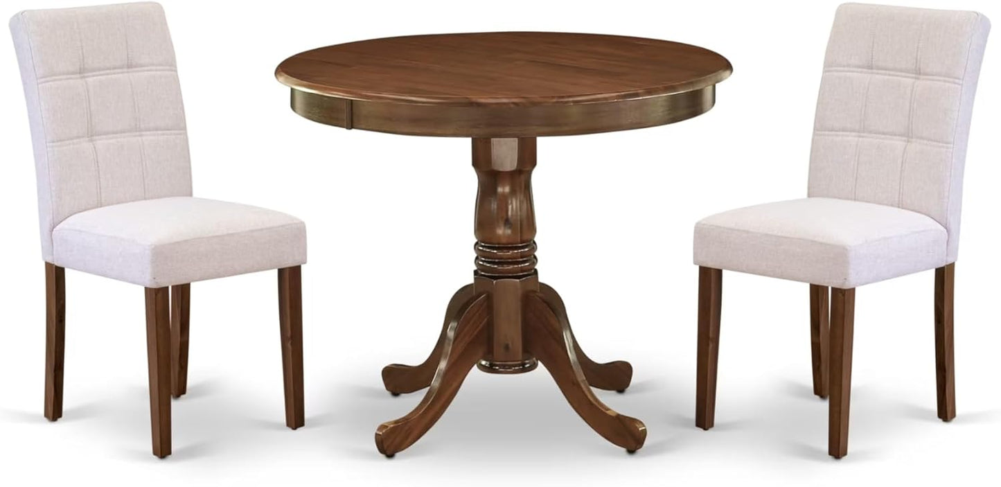 East West Furniture ANAS3-AWA-08 3 Piece Kitchen Dining Table Set contain A Modern Table and 2 Mist Beige Polyester Fabric Upholstered Dining Chairs, Antique Walnut