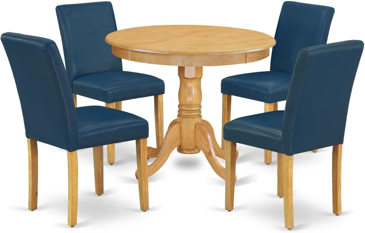 East West Furniture ANAB5-OAK-55 5 Piece Dining Room Table Set Includes a Round Kitchen Table with Pedestal and 4 Oasis Blue Faux Leather Upholstered Parson Chairs, 36x36 Inch, Oak