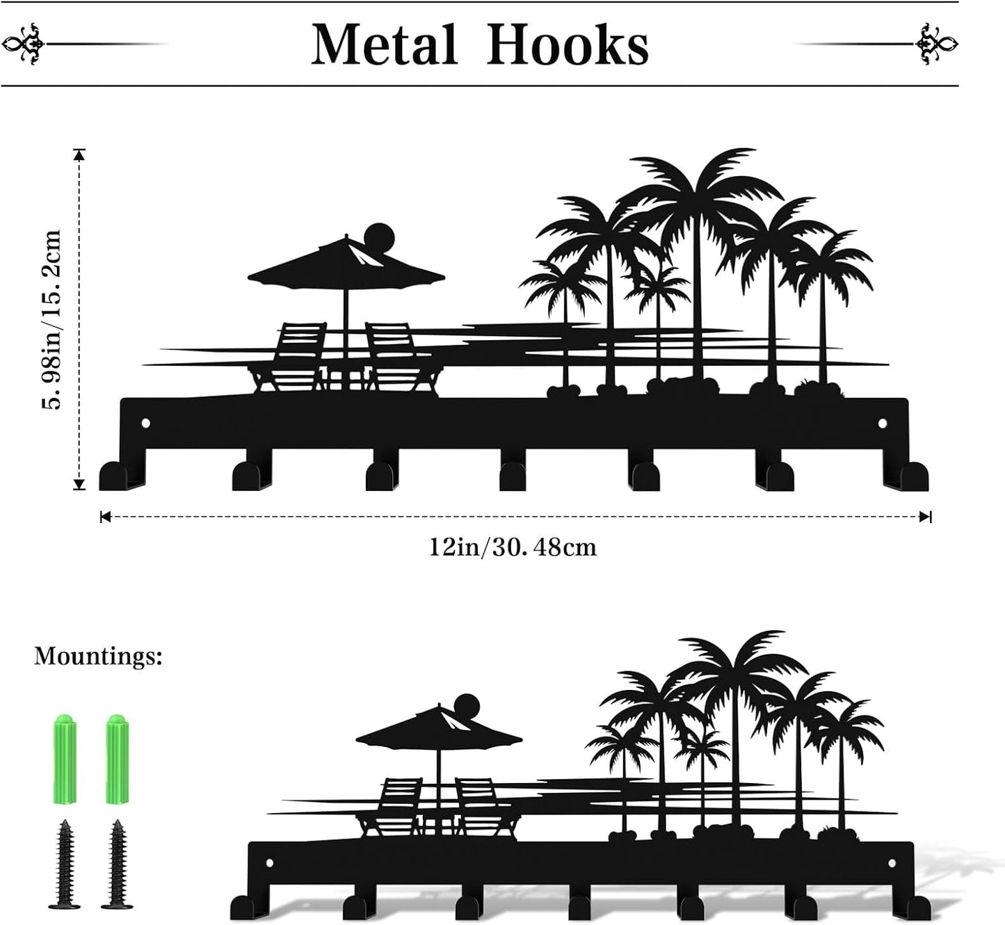 Bench Key Holder for Wall,Setting Sun and Coconut Trees Key Hooks Wall Mount Whith 7 Hooks,Tropical Style Key Hanger Wall Decor for Front Door,Hallway,Entryway,Office
