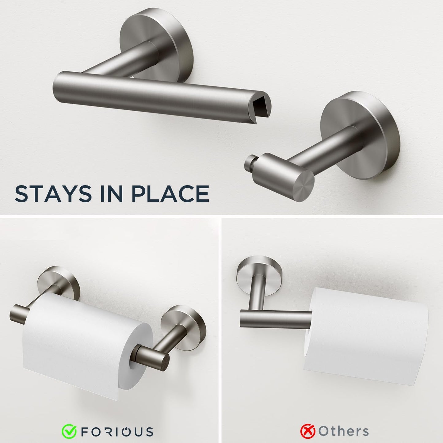 FORIOUS Toilet Paper Holder Wall Mount, SUS304 Stainless Steel Double Post Pivoting Tissue Roll Holder and Hand Towel Ring Set for Bathroom, RV, Bathroom Hardware Accessories Set, Brushed Nickel