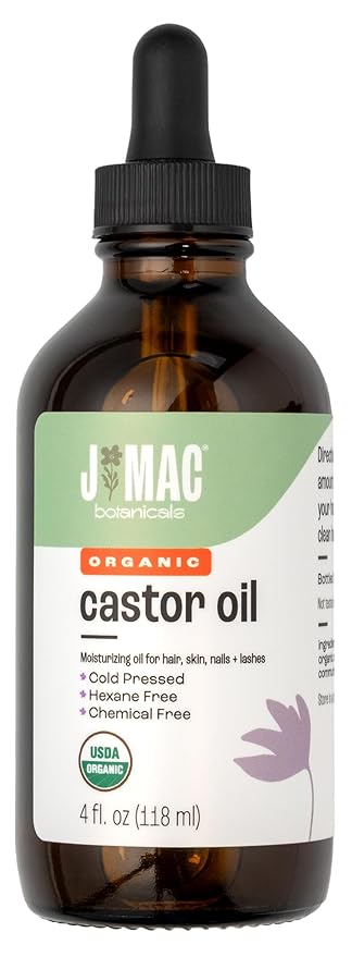 J MAC BOTANICALS Organic Castor Oil, 100% Pure (4oz Glass Bottle with Dropper) - for Eyelashes, Eyebrows, Hair & Skin