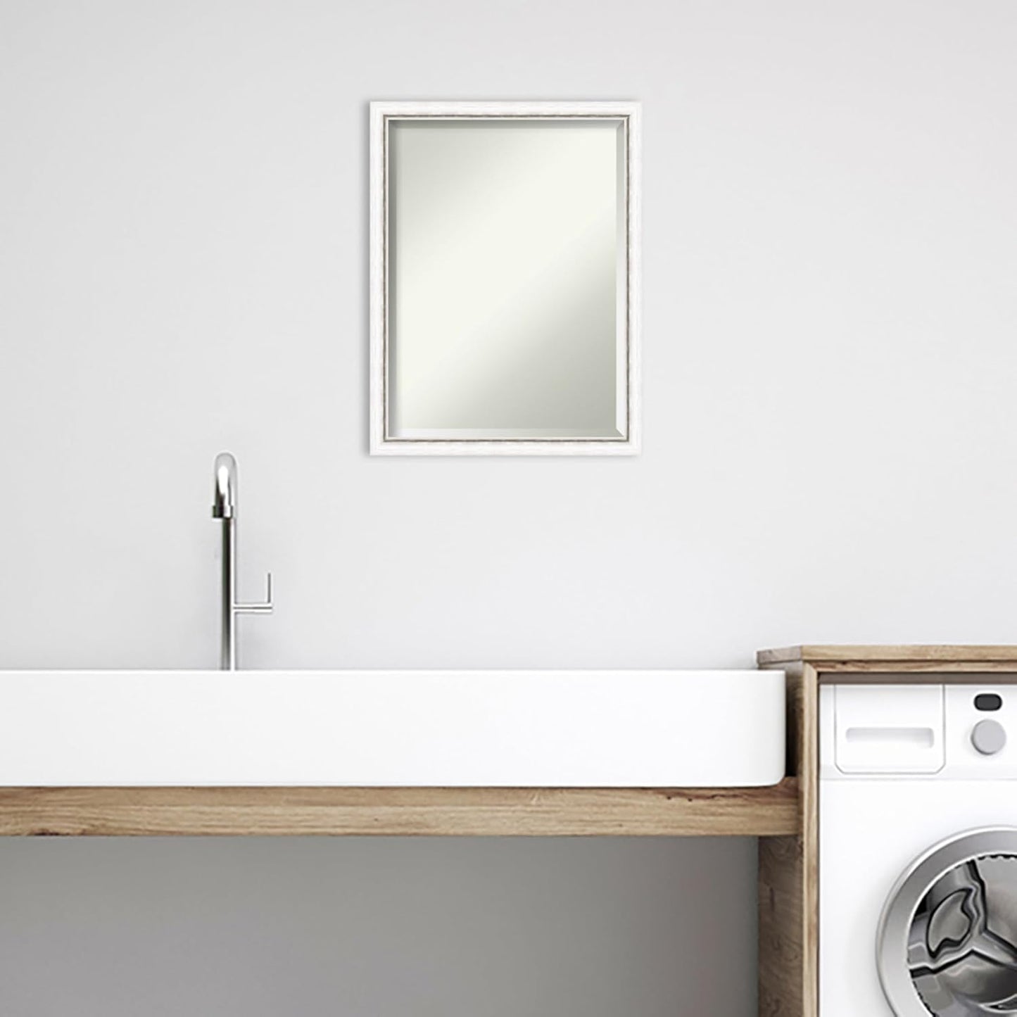 Amanti Art White Bathroom Mirror for Over Sink, 26x20 Morgan White Silver Rectangle Vanity Mirror, Medium Modern Contemporary Wood Frame, Hangs Horizonally and Vertically, Bathroom Wall Decor, Beveled