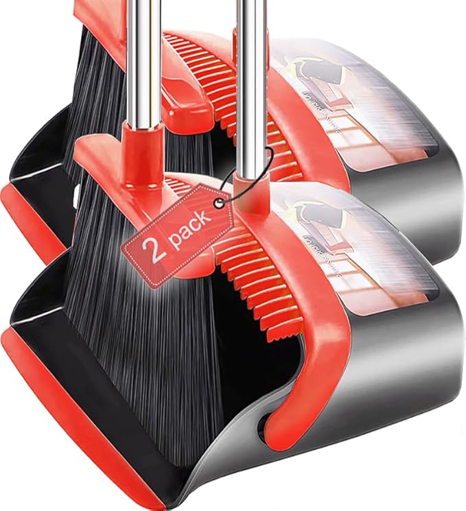 DJDTDTY 2-Pack is More economical，Brooms with Dustpan Combo Set， with 52" Long Handle, Dustpan Teeth with self-Cleaning Function, Indoor and Outdoor Sweeping, Perfect for Home Office