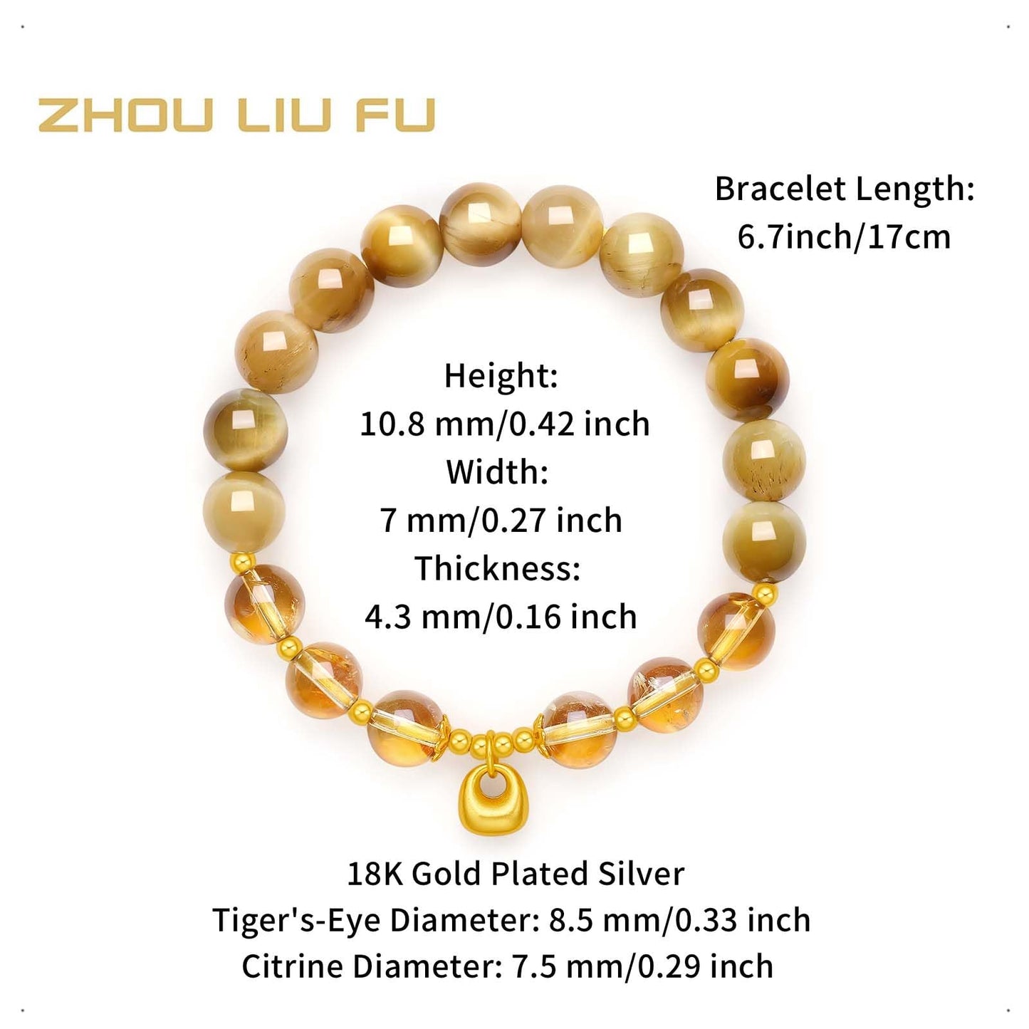 ZHOU LIU FU Sterling Silver Bracelets Silver Natural Healing Yellow Stones Bracelet Lock Pendant Charm Beads Stretch Bracelet for Women Mom Her Anniversary Birthday 6.7"/17CM J1915868