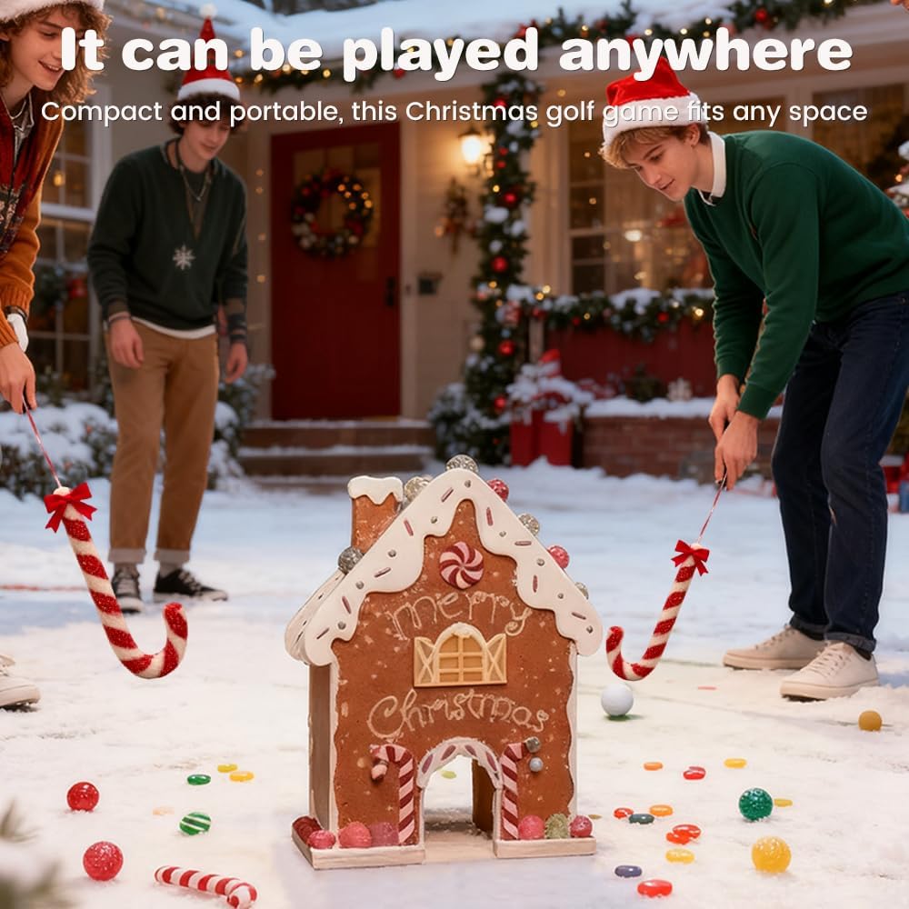 Gingerbread Golf Game Set, 2026 New Christmas Mini Golf Course with Candy Cane Clubs 6 Balls, Funny Indoor Gingerbread House Golf Game Kit for Family Holiday Party (1set 6balls)