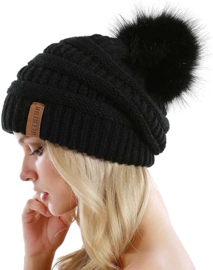 QUEENFUR Women Knit Slouchy Beanie Chunky Baggy Hat with Faux Fur Pompom Winter Soft Warm Ski Cap