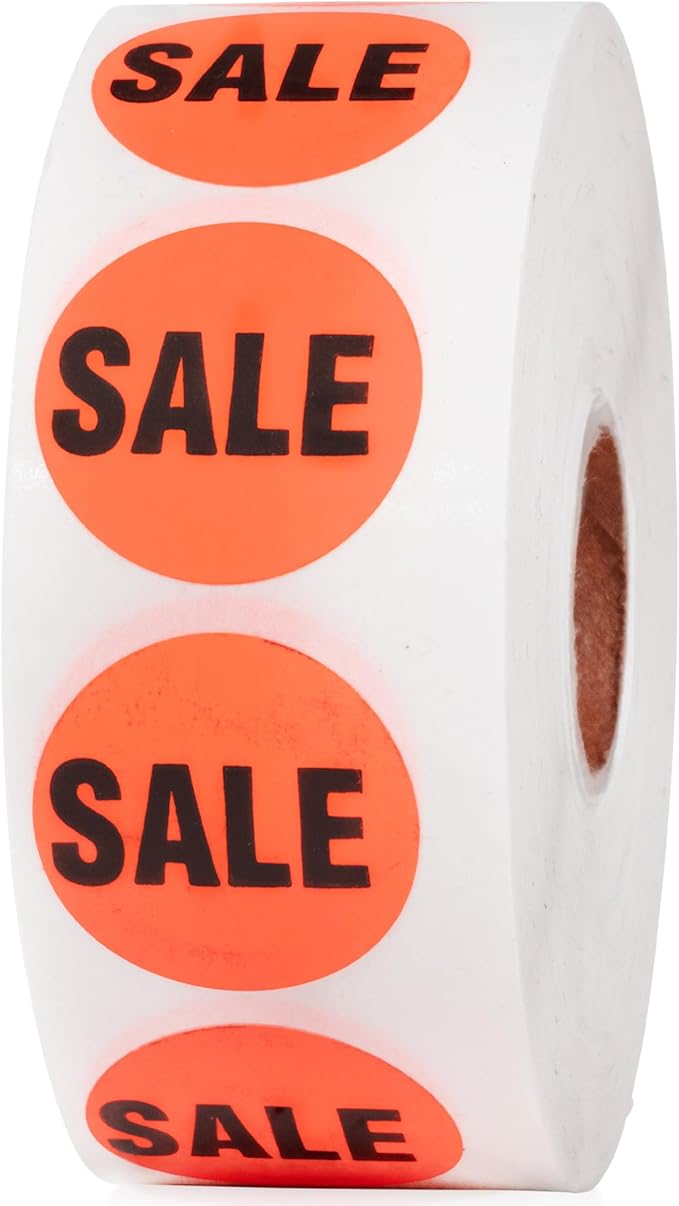 Perco Fluorescent Red 1-Inch Circle Promotional Sale Stickers — 1,000 Labels Per Roll—Ideal for Storefronts, Retail Merchandising, Flea Markets, Sales Events, Discount Marking, Clearance—Made in USA