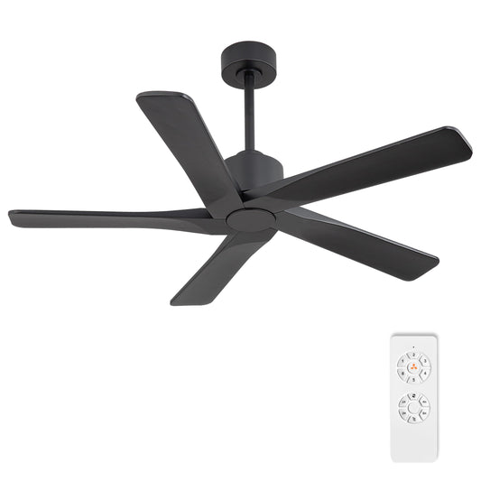 WINGBO 48" DC Ceiling Fan No Light - 5 Carved Solid Wood Blades, 6-Speed Reversible DC Motor, Ceiling Fan without Lights for Living Room Bedroom Kitchen Patio, Indoor and Outdoor, Matte Black