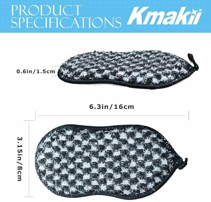 KMAKII Bamboo Fiber Scrub Sponges, Non-Scratch & Durable,6.3 × 3.1 inches, Black, 4-Pack