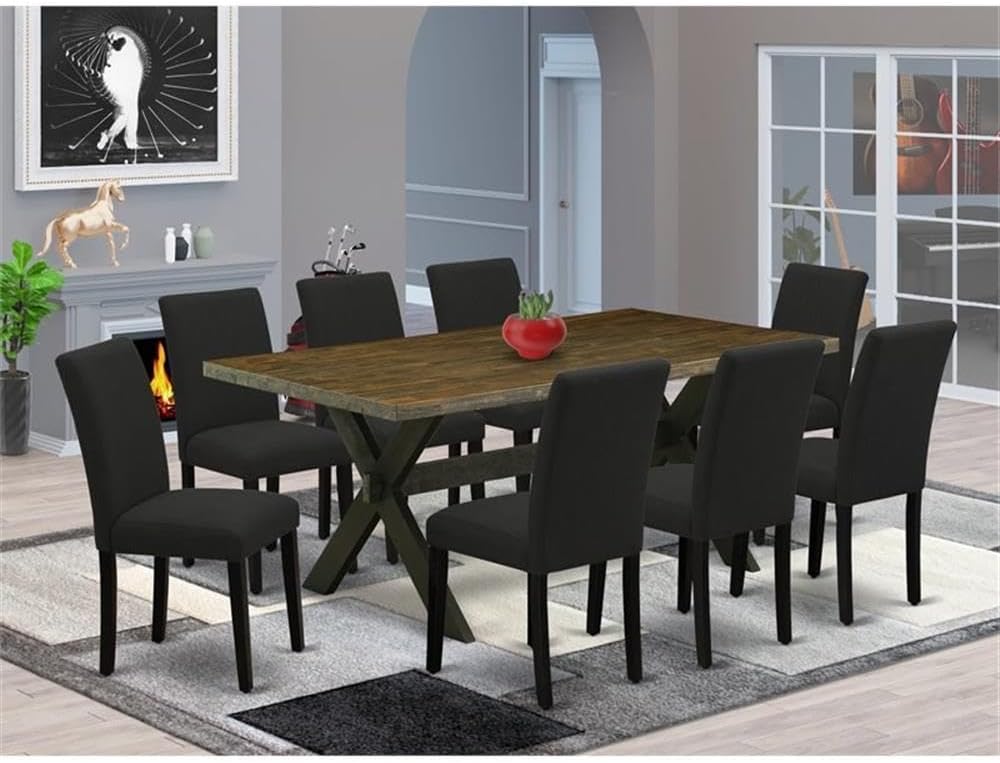 East West Furniture X677AB624-9 9 Piece Dining Table Set Includes a Rectangle Kitchen Table with X-Legs and 8 Black Color Linen Fabric Parson Dining Room Chairs, 40x72 Inch, Multi-Color