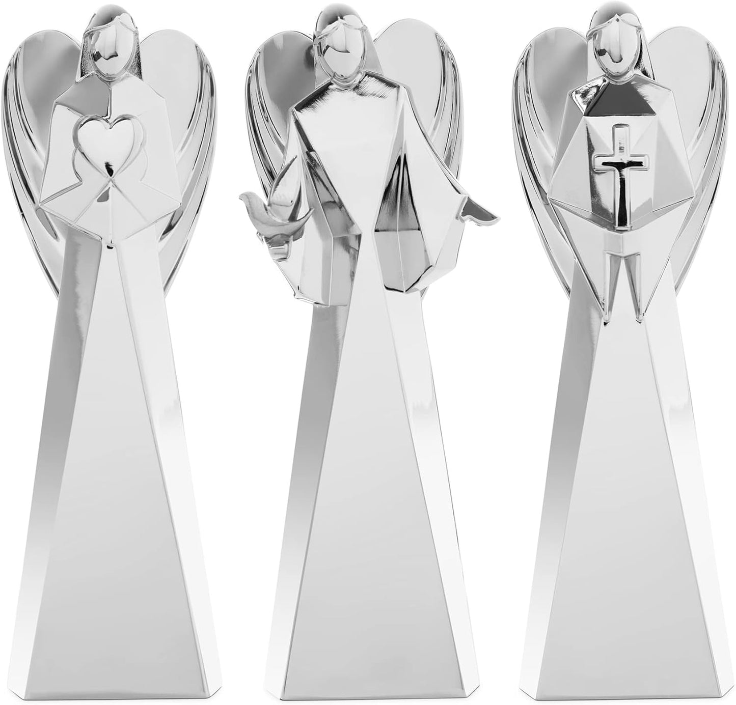 Nambé Holiday Angels Set by Mike Altomari - Faith, Love & Peace Theme, Ideal for Christmas Decor or Collectible Display with Cross, Heart, and Dove Symbols - 5.5” Silver-Plated Alloy Sculptures