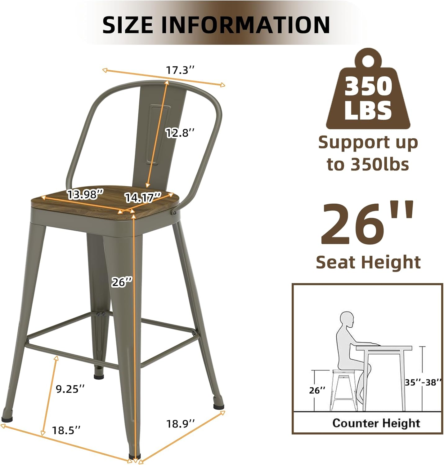 Metal Bar Stools Set of 4, High Back Bar Stools with Wooden Seat, 26 inch Rusty Barstools for Kitchen Island