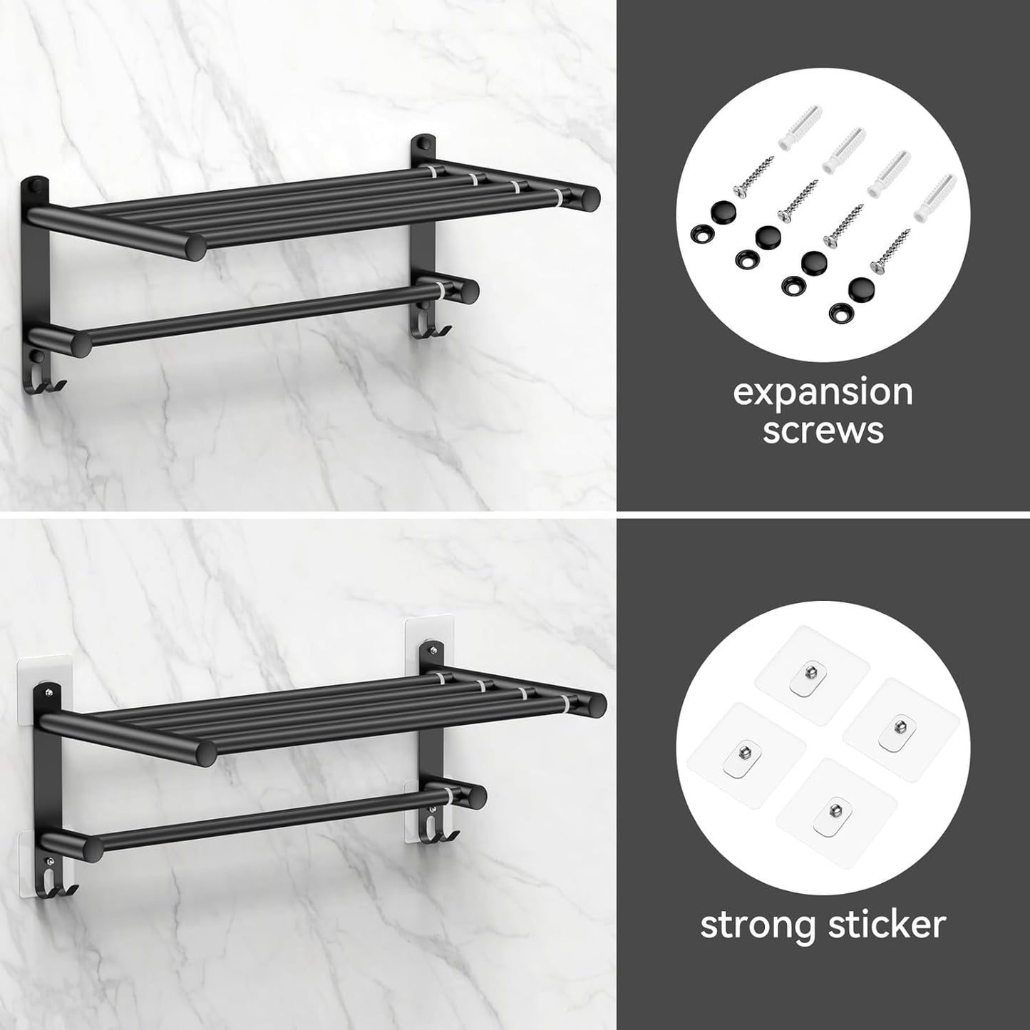 Black Adjustable Towel Bar for Bathroom Wall Mount17-30.7inch Adhesive Shower Towel Rack Stainless Steel Bath Towel Holders for Toilet Kitchen Double Towel Hanger (Black 2-Layer Towel Rack)