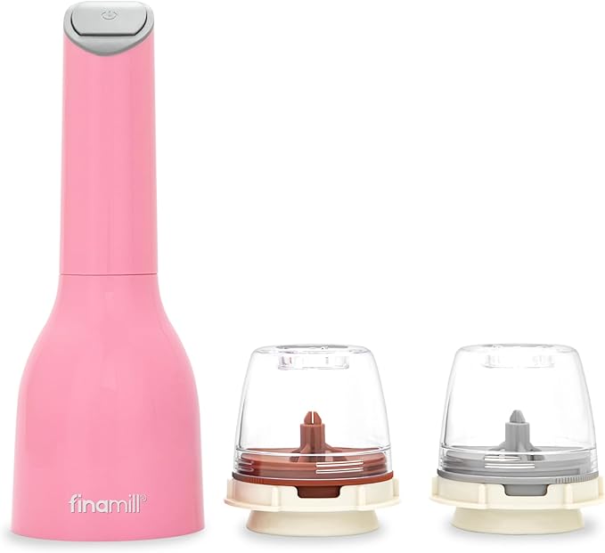 FinaMill Classic Battery Spice Mill – Battery Operated Salt and Pepper Grinder Set, Includes 2 Interchangeable Spice Pods, Adjustable Coarseness, Ceramic Grinder, LED Light, Kitchen Gifts for Women