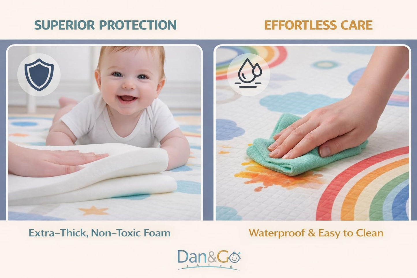 DAN&GO Extra Large Baby Play Mat, Foldable, Double-Sided, Beige, Non-Toxic XPE Material, Portable Activity Floor Mat for Babies 0-12 Months & Kids, Educational Design (Funny, 71 * 79 * 0.4)