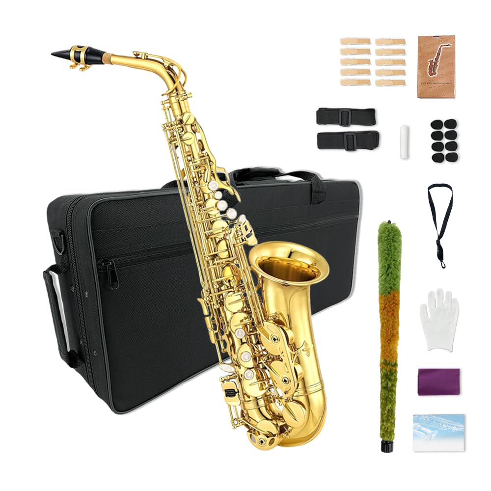 WUQIMUSC Alto Saxophone Beginner Kit for Adults & Students - Eb Gold Lacquer Full Brass Instrument with Case, Reeds, Mouthpiece