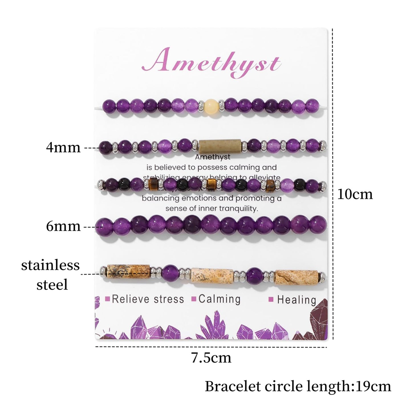 5Pcs Amethyst Bracelet for Women 4mm Amethyst Crystal Bracelet Stackable Beaded Bracelets Gemstone Bracelets Purple Beaded Bracelet Stretch Bracelets Amethyst Jewelry for Women