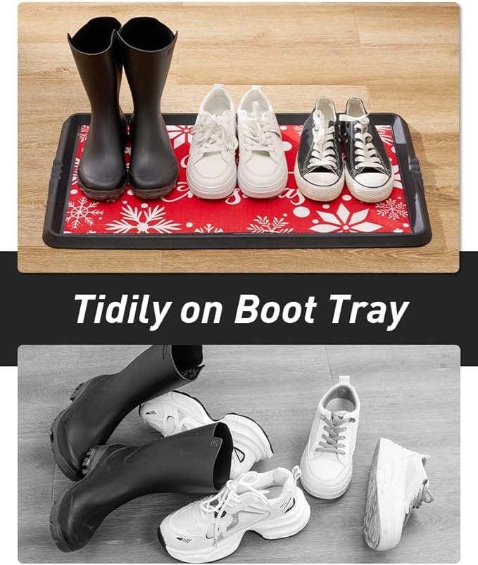 Christmas Boot Tray Mat - Heavy Duty Snow & Water Catch Tray, Waterproof Rubber Shoe Mat with Lip for Entryway, Indoor & Outdoor Holiday Decor Storage (16"x48")